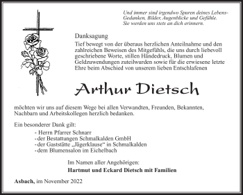 Traueranzeige von Arthur Dietsch von Südthüringer Presse
