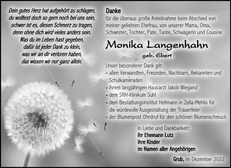  Traueranzeige für Monika Langenhahn vom 31.12.2022 aus Südthüringer Presse