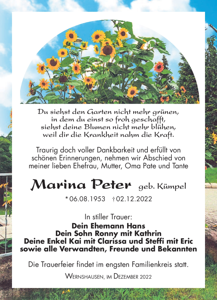 Traueranzeige für Marina Peter vom 10.12.2022 aus Südthüringer Presse