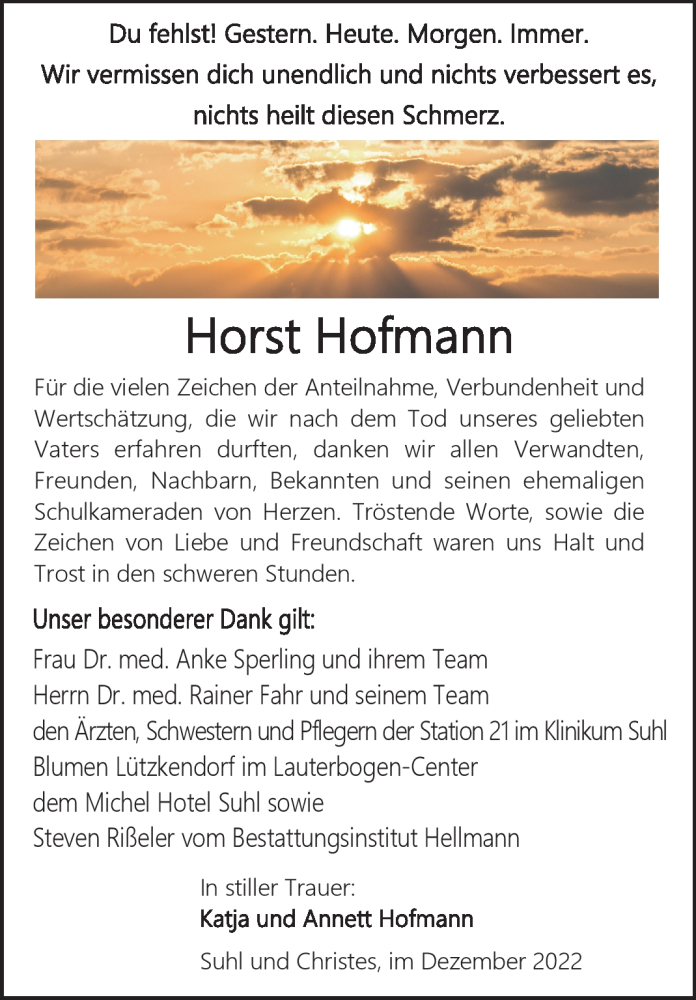  Traueranzeige für Horst Hoffmann vom 03.12.2022 aus Südthüringer Presse