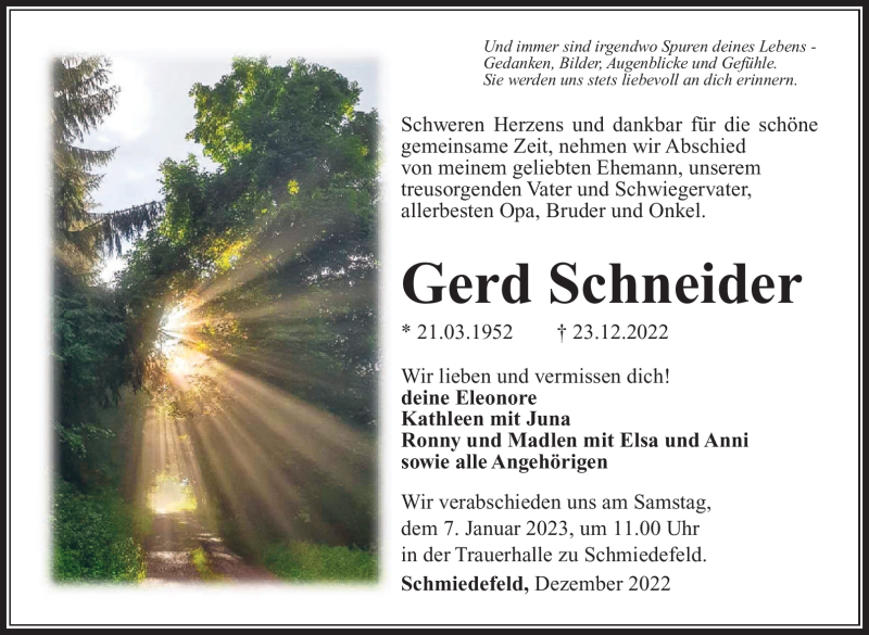  Traueranzeige für Gerd Schneider vom 31.12.2022 aus Südthüringer Presse
