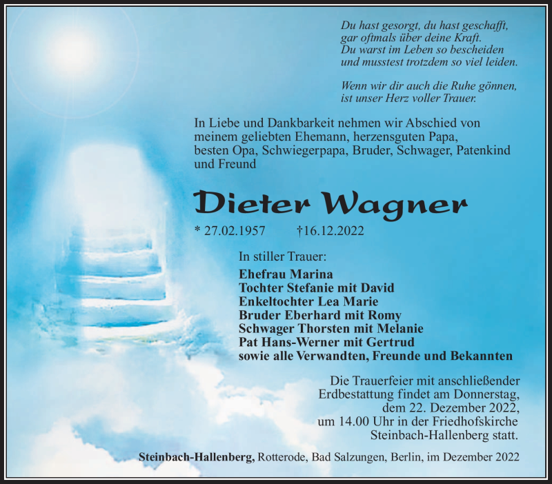  Traueranzeige für Dieter Wagner vom 20.12.2022 aus Südthüringer Presse