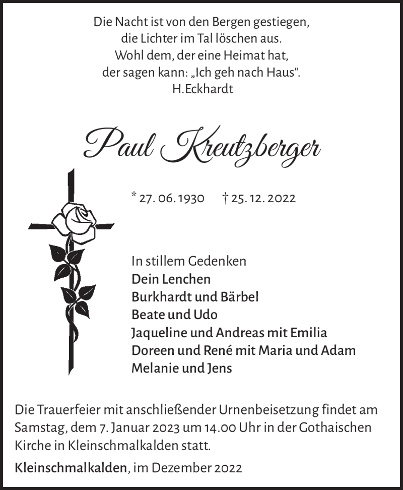  Traueranzeige für Paul Kreutzberger vom 31.12.2022 aus Südthüringer Presse