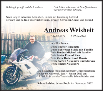 Traueranzeige von Andreas Weisheit von Südthüringer Presse