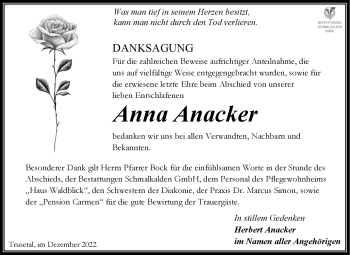 Traueranzeige von Anna Anacker von Südthüringer Presse