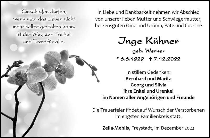  Traueranzeige für Inge Kühner vom 17.12.2022 aus Südthüringer Presse