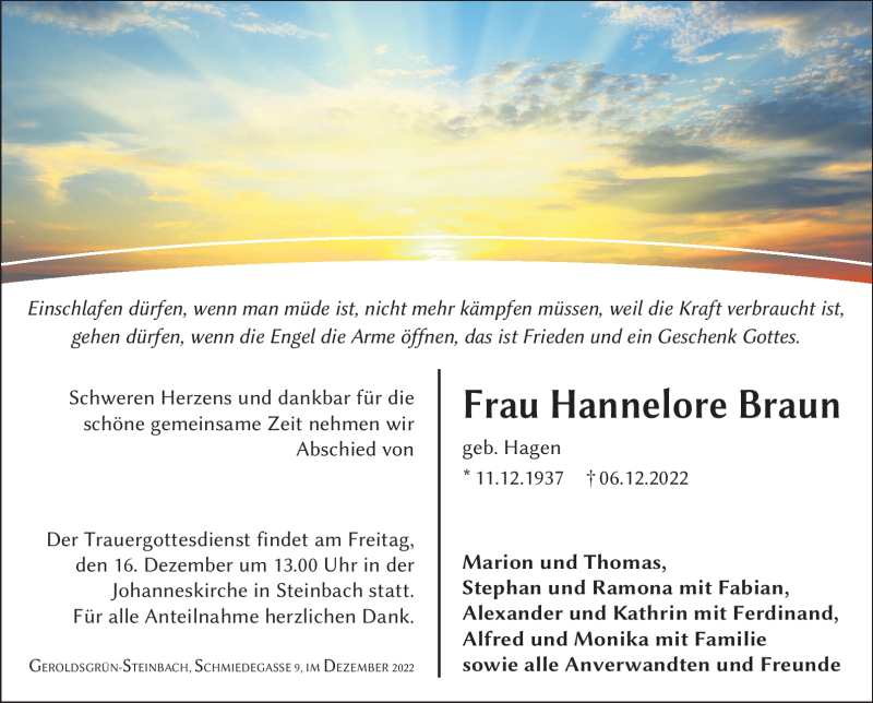 Traueranzeige für Hannelore Braun vom 13.12.2022 aus Frankenpost