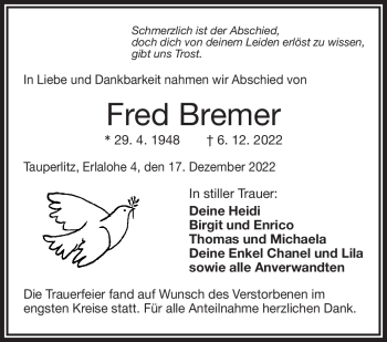 Traueranzeige von Fred Bremer von Frankenpost