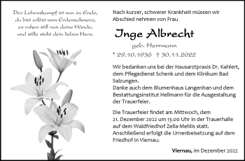 Traueranzeige von Inge Albrecht von Südthüringer Presse