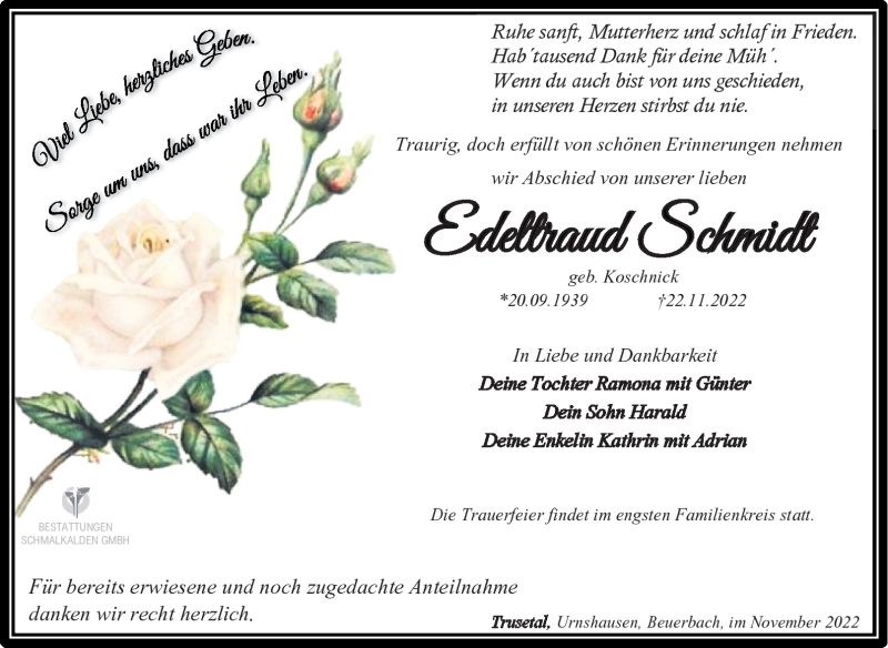  Traueranzeige für Edeltraud Schmidt vom 03.12.2022 aus Südthüringer Presse