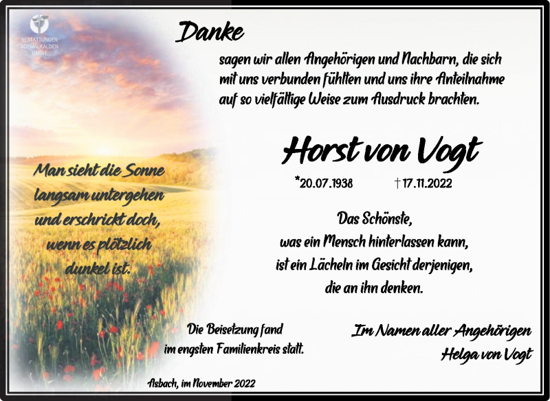  Traueranzeige für Horst von Vogt vom 03.12.2022 aus Südthüringer Presse