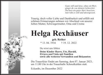 Traueranzeige von Helga Rexhäuser von Südthüringer Presse