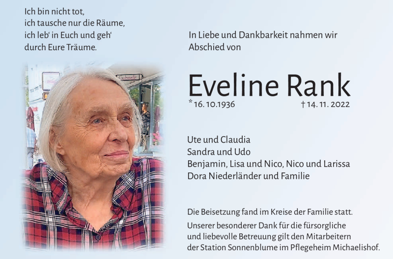  Traueranzeige für Eveline Rank vom 03.12.2022 aus Frankenpost