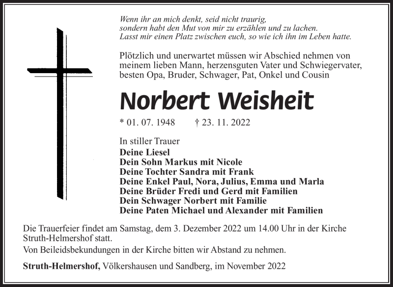  Traueranzeige für Norbert Weisheit vom 02.12.2022 aus Südthüringer Presse