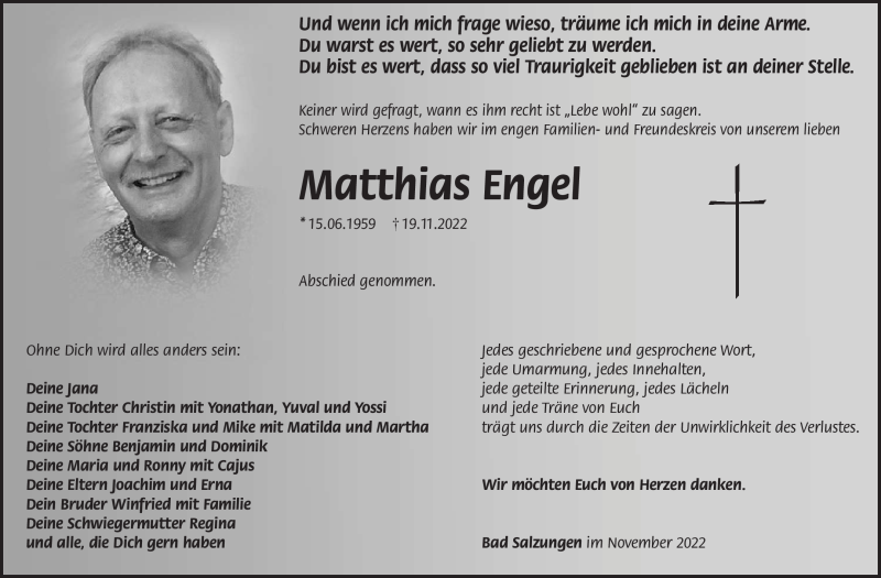  Traueranzeige für Matthias Engel vom 03.12.2022 aus Südthüringer Presse