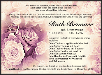 Traueranzeige von Ruth Brunner von Südthüringer Presse