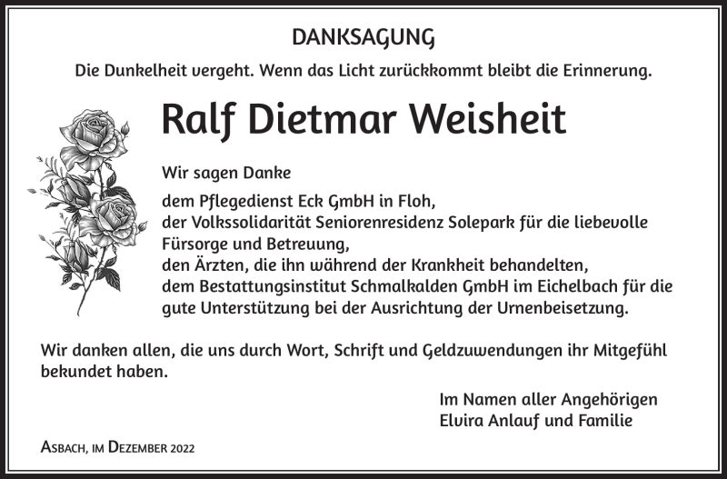  Traueranzeige für Ralf Dietmar Weisheit vom 10.12.2022 aus Südthüringer Presse