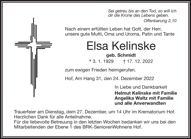  Traueranzeige für Elsa Kelinske vom 24.12.2022 aus Frankenpost