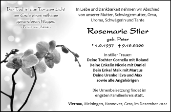 Traueranzeige von rosemarie Stier von Südthüringer Presse