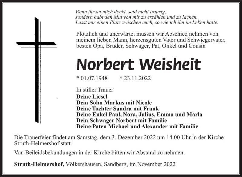  Traueranzeige für Norbert Weisheit vom 01.12.2022 aus Südthüringer Presse