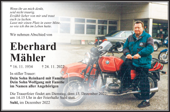 Traueranzeige von Eberhard Mähler von Südthüringer Presse