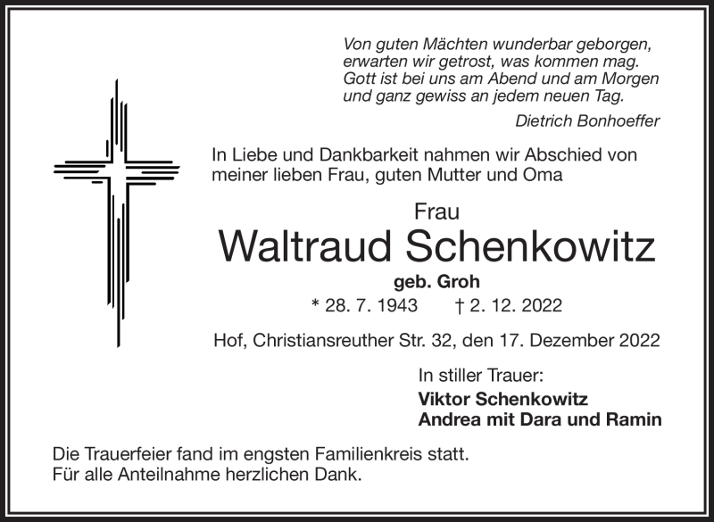  Traueranzeige für Waltraud Schenkowitz vom 17.12.2022 aus Frankenpost
