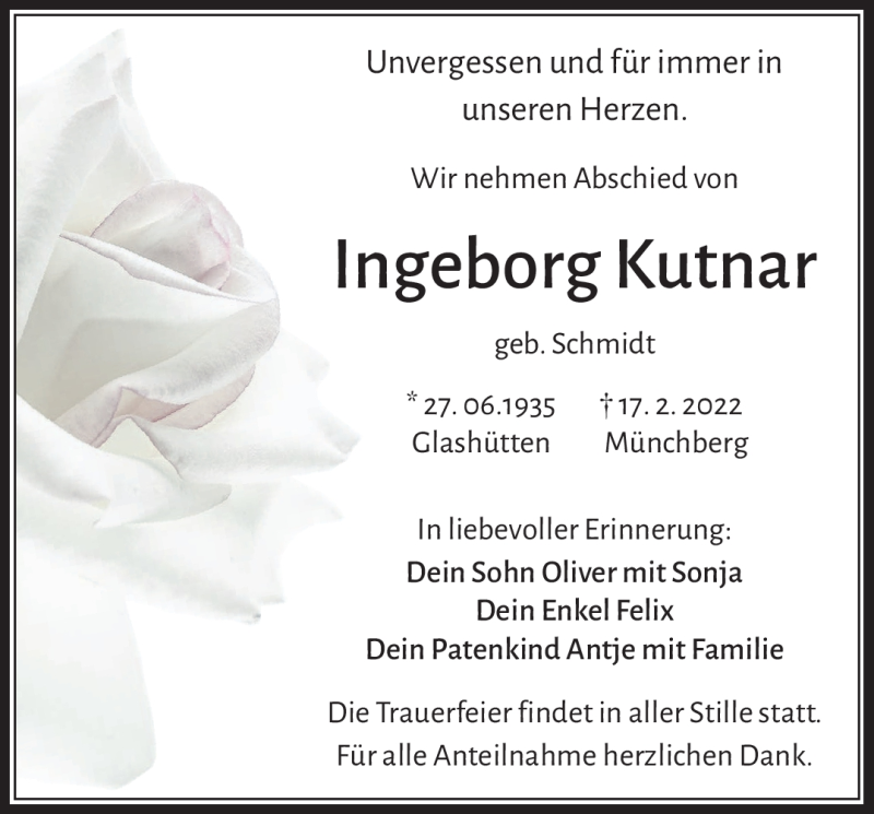  Traueranzeige für Ingeborg Kutnar vom 26.02.2022 aus Frankenpost