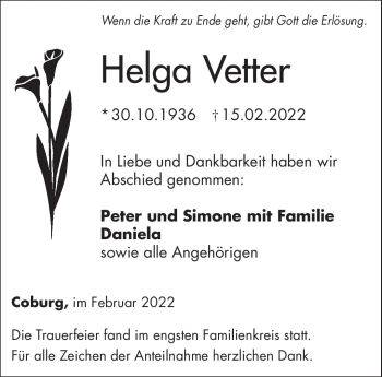 Traueranzeige von Helga Vetter von Neue Presse Coburg