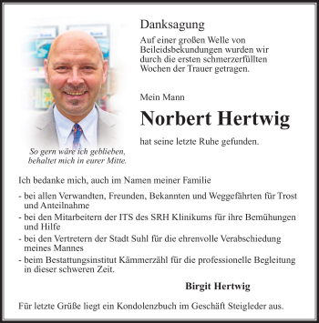 Traueranzeige von Norbert Hertwig von Südthüringer Presse