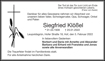 Traueranzeige von Siegfried Klößel von Frankenpost