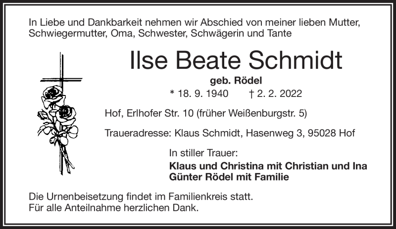  Traueranzeige für Ilse Beate Schmidt vom 10.02.2022 aus Frankenpost