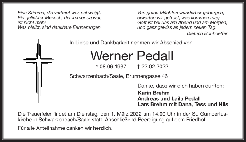  Traueranzeige für Werner Pedall vom 26.02.2022 aus Frankenpost