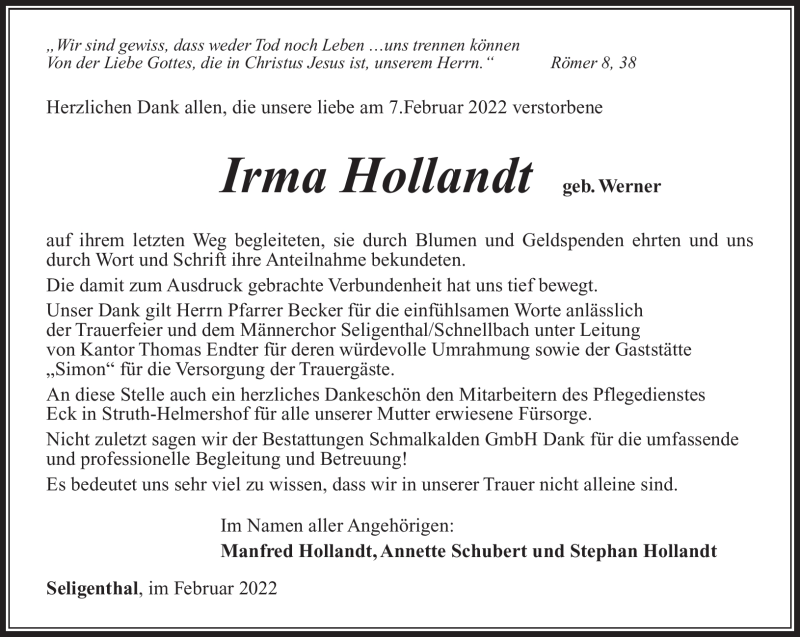  Traueranzeige für Irma Hollandt vom 26.02.2022 aus Südthüringer Presse