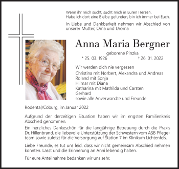 Traueranzeige von Anna Bergner von Neue Presse Coburg