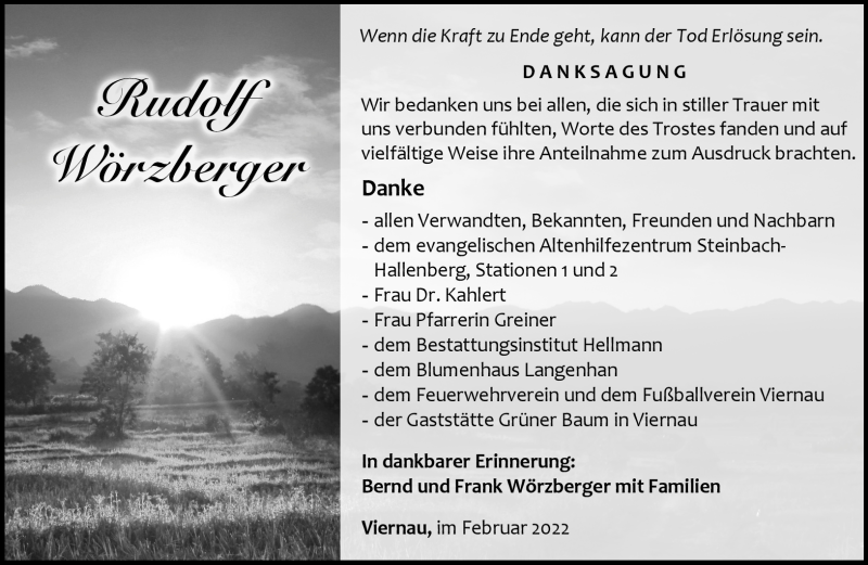  Traueranzeige für Rudolf Wörzberger vom 12.02.2022 aus Südthüringer Presse