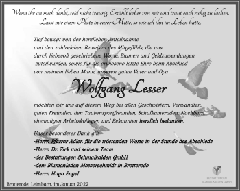 Traueranzeige von Wolfgang Lesser von Südthüringer Presse