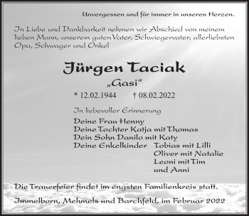 Traueranzeige von Jürgen Taciak von Südthüringer Presse