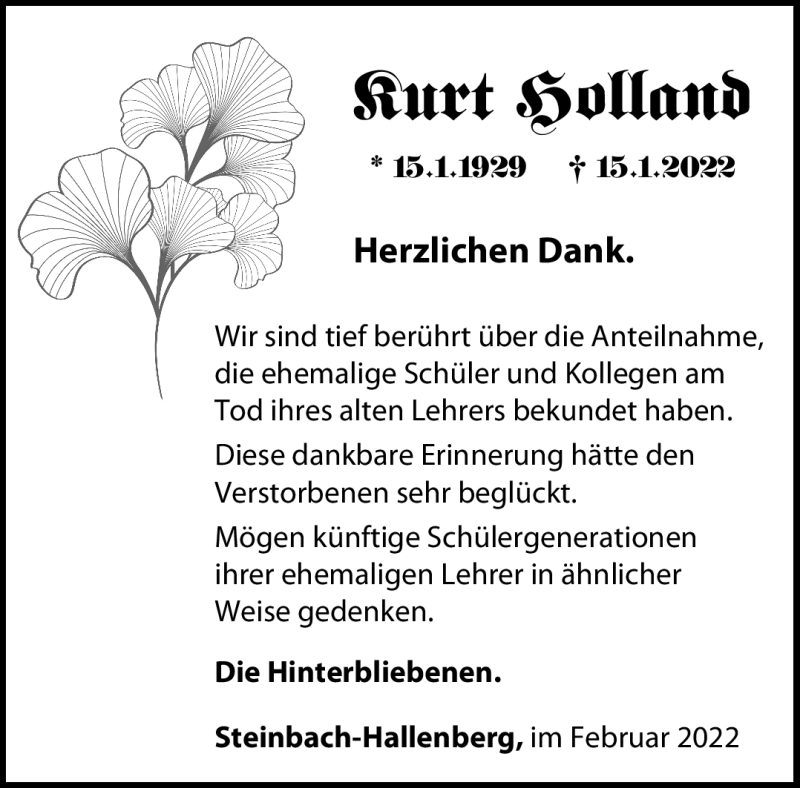  Traueranzeige für Kurt Holland vom 05.02.2022 aus Südthüringer Presse