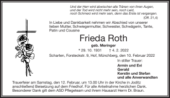 Traueranzeige von Frieda Roth von Frankenpost