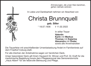 Traueranzeige von Christa Brunnquell von Neue Presse Coburg