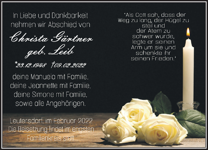  Traueranzeige für Christa Gärtner vom 24.02.2022 aus Südthüringer Presse