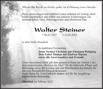 Traueranzeige von Walter Steiner von Südthüringer Presse