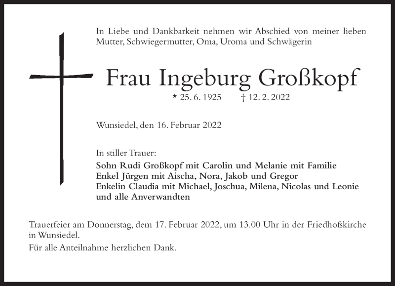  Traueranzeige für Ingeburg Großkopf vom 16.02.2022 aus Frankenpost