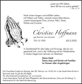 Traueranzeige von Christine Hoffmann von Frankenpost