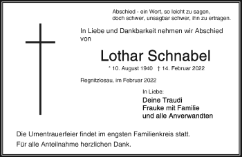 Traueranzeige von Lothar Schnabel von Frankenpost