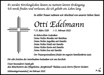 Traueranzeige von Otti Edelmann von Südthüringer Presse