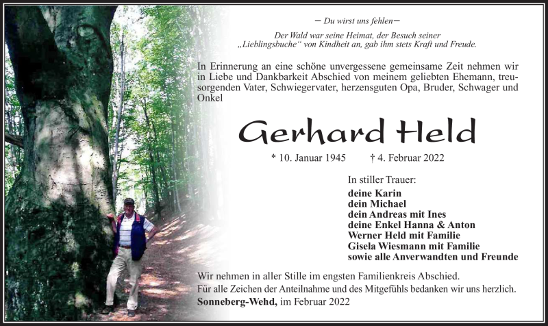  Traueranzeige für Gerhard Held vom 19.02.2022 aus Südthüringer Presse