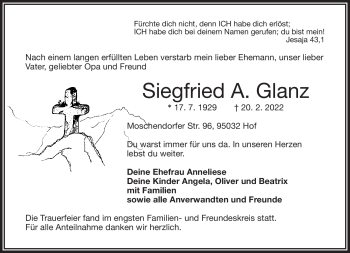 Traueranzeige von Siegfried A. Glanz von Frankenpost