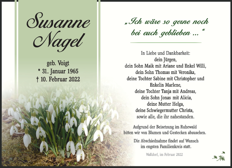  Traueranzeige für Susanne Nagel vom 16.02.2022 aus Südthüringer Presse