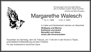 Traueranzeige von Margarethe Walesch von Frankenpost